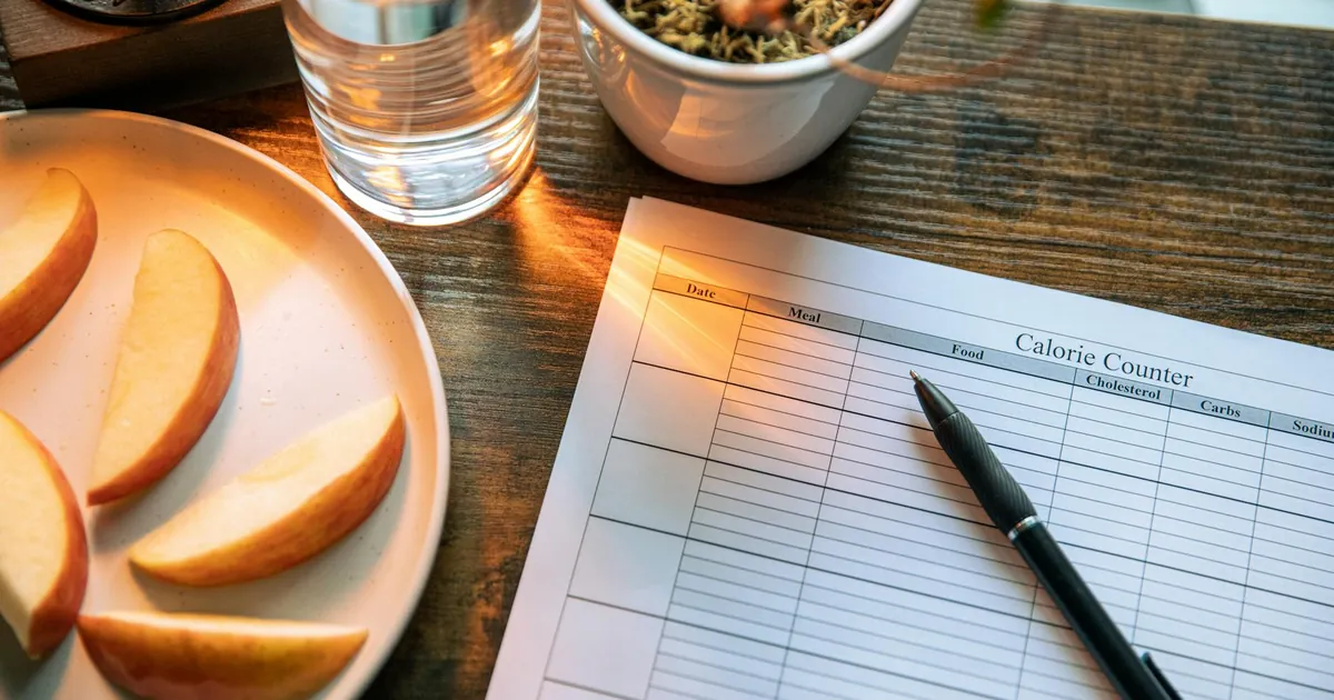 Calorie counting setup with apple slices and glass of water on a wooden table.
